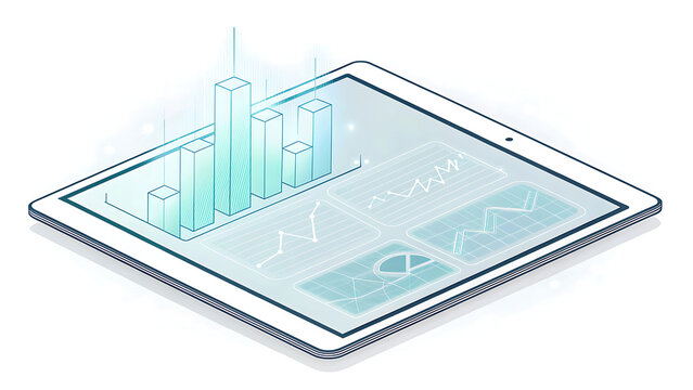 Digital tablet displaying holographic financial charts and data analytics in a futuristic concept - Powered by Adobe