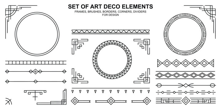 Art Deco geometric design elements set featuring round and rectangular frames, corner accents, dividers, and pattern brushes in black on white, perfect for elegant vintage projects.