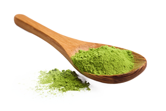 Matcha green tea powder in wooden spoon, isolated on white transparent background. - Powered by Adobe