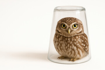 Fototapeta premium An owl sits under an inverted glass glass. Space for text.