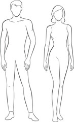 Male and female fashion croquis body template front view outline sketch silhouette for clothing design, apparel illustration, garment technical drawing, figure