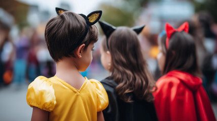 Little children Halloween costumes group celebration seasonal dress up kids activities Halloween entertainment family traditions community events blurred background with copy spa