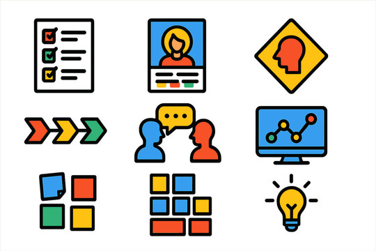Design Research Icons. Flat vector icons of design research: survey form, persona profile, empathy map; journey map, user