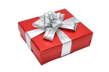 Red gift box with silver ribbon and bow, isolated on white transparent background