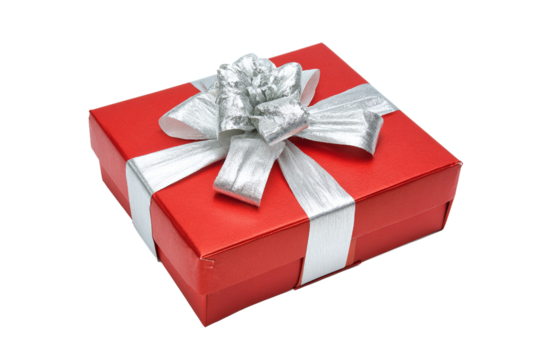 Red gift box with silver ribbon and bow, isolated on white transparent background