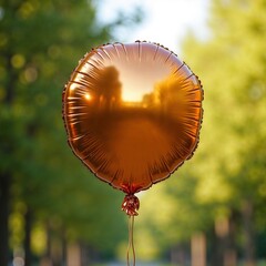 Golden foil balloon floating outdoors in green park with sunlight reflection, festive celebration and holiday decoration with space to copy