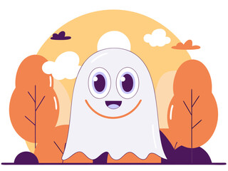 Cute cartoon Halloween ghost with smiling face floating in pastel background