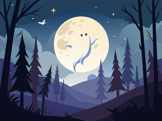 Fototapeta premium Spooky white ghost silhouette flying over dark forest with glowing full moon