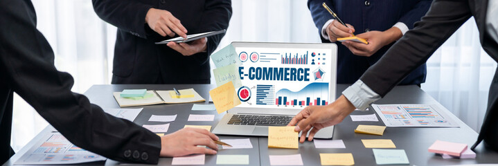 Analyst team use sticky note for creative and analytic brainstorm for business idea with BI data dashboard on laptop screen. Analysis financial data visualization tech for marketing strategy. Prodigy