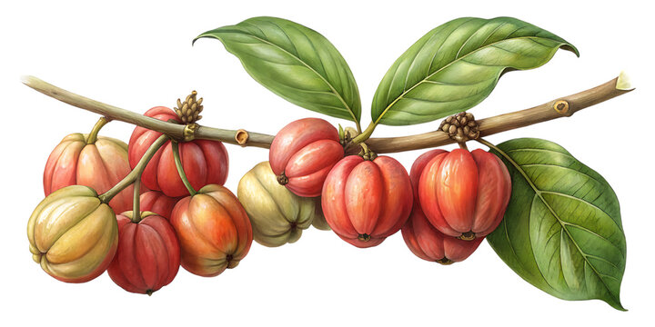 Watercolor illustration of garcinia gummigutta fruit branch isolated on transparent background hand drawn botanical art