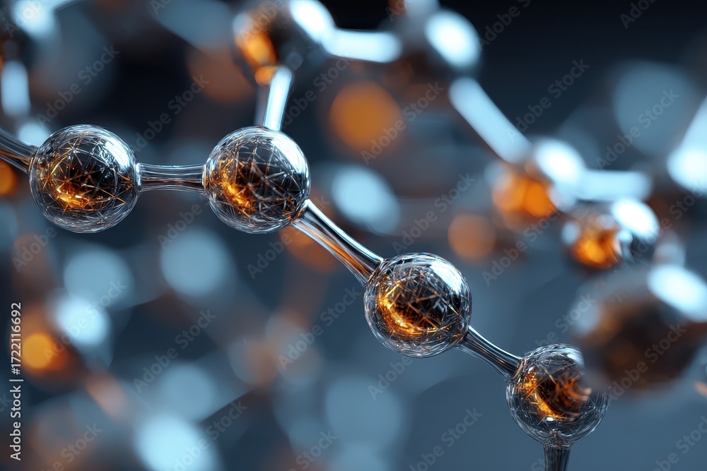 Poster exploring the intricate details of a metallic molecular structure with glowing elements in a closeup