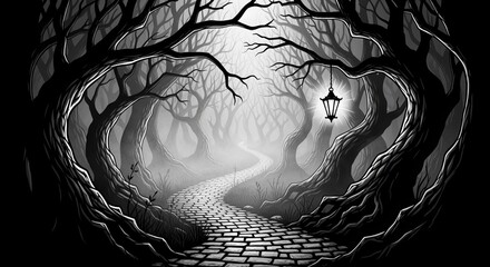 Monochrome Gothic Forest Path with Lantern, Cobblestone Road, and Moonlit Mist in Black and White Illustration
