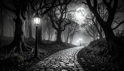 Monochrome Gothic Forest Path with Lantern, Cobblestone Road, and Moonlit Mist in Black and White Illustration
