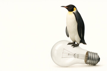 Obraz premium A penguin is sitting on an electric bulb. Space for text.