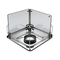 Corner-mounted lab weighing enclosure, transparent panels, isolated