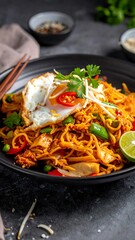 Spicy noodle dish with fried egg