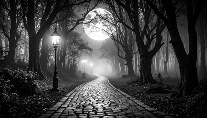 Monochrome Gothic Forest Path with Lantern, Cobblestone Road, and Moonlit Mist in Black and White Illustration
