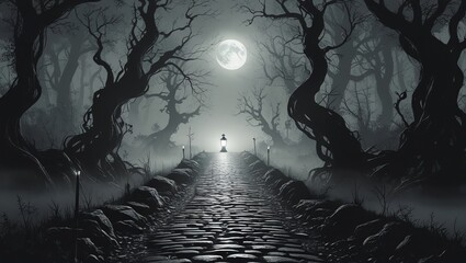 Monochrome Gothic Forest Path with Lantern, Cobblestone Road, and Moonlit Mist in Black and White Illustration
