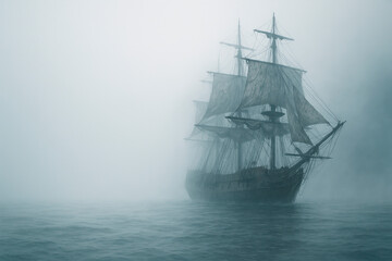 Fototapeta premium An old sailing ship sails in a thick fog on the sea. Space for text.