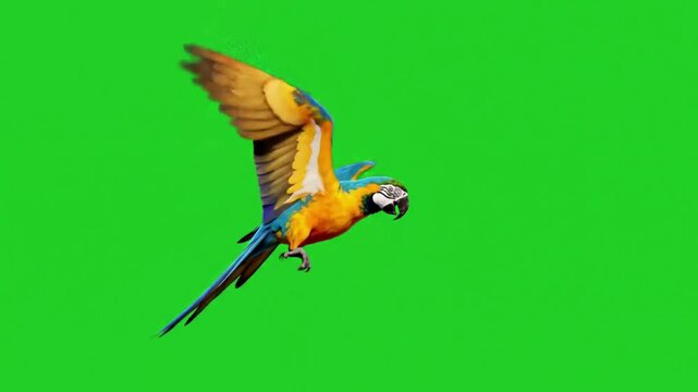 Vibrant macaw parrot in mid-flight, wings spread wide, showcasing brilliant blue and gold plumage against a clean green screen background for easy compositing.