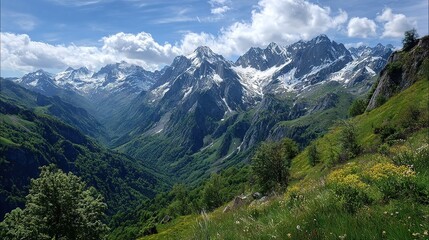 Fototapeta premium A panoramic view of a mountain range from a vantage point in a valley, showcasing the majestic peaks in the distance