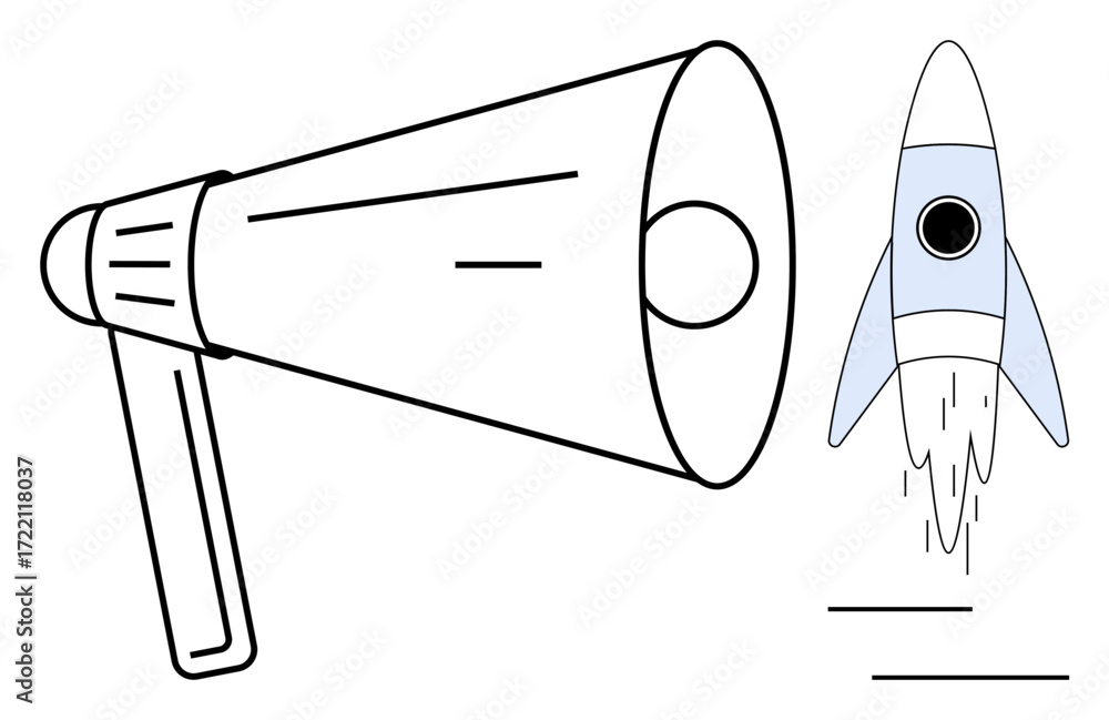Poster megaphone amplifying communication next to a rocket showing innovation, progress, and creativity. id