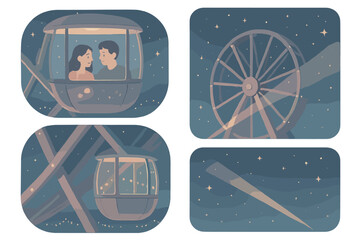 Obraz premium Nighttime Ferris Wheel Scene. Isometric vector illustration set Nighttime Ferris Wheel View: cabin lit from inside, starry sky