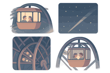 Obraz premium Nighttime Ferris Wheel Scene. Isometric vector illustration set Nighttime Ferris Wheel View: cabin lit from inside, starry sky