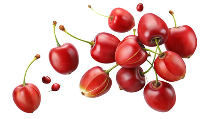 Fresh red cherry branch isolated on transparent background, featuring ripe fruit and green stems in close up view