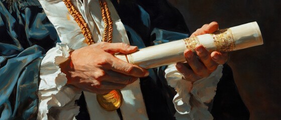 Closeup hands holding rolled document painting detailed texture warm lighting