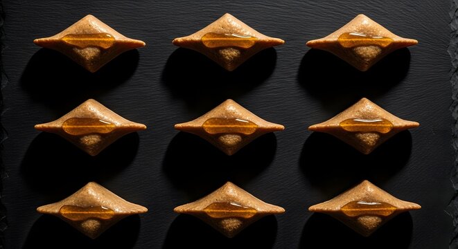 Delicious almond cookies glistening with honey on black slate offer a tempting treat, perfect for dessert menus and sweet indulgence promotions