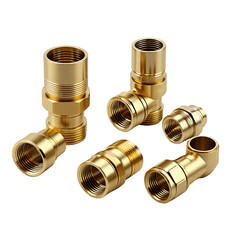 Brass plumbing fittings, studio shot, connectors, industrial background, website catalog