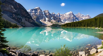 Moraine Lake Panorama with Snow-Capped Mountains and Turquoise Water.
