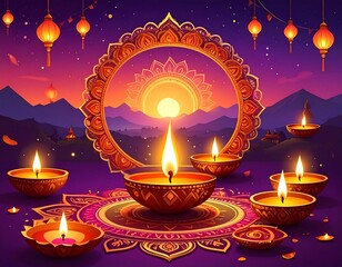 Festive diya display at sunrise