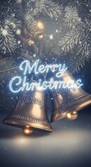 Golden christmas bells with merry christmas text and snow falling, creating a festive and nostalgic holiday scene for greeting cards