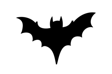 Black bat silhouette flying spread wings against white background. Gothic and mysterious style illustration for halloween horror fantasy wildlife themes seasonal posters logos and design