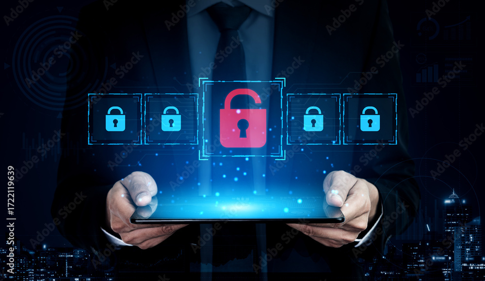 Poster digital security concept illustrating a cybersecurity breach, with a red unlocked padlock indicating