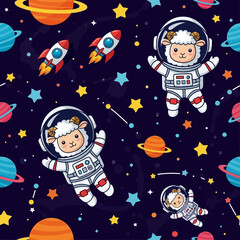 Cute sheep astronauts float in space with planets stars and rockets Fun childrens pattern