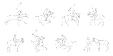 Naklejka premium Line art illustrations of polo players and horses in various dynamic and standing positions on white background