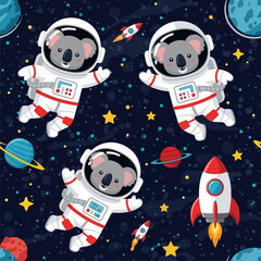 Cute koala astronauts explore outer space with rockets and planets in a fun starry pattern