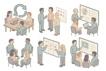 Agile Ceremonies Icons. Isometric vector illustration set of Agile ceremonies: sprint planning, daily stand-up, sprint review,