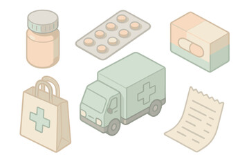 Pharmacy Delivery Essentials. Isometric vector illustration set of pharmacy delivery essentials: pill bottle, blister pack,