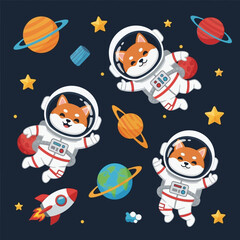 Adorable Shiba Inu astronauts floating happily in space with planets and stars