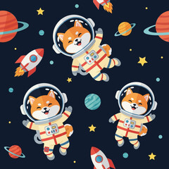 Cute Shiba Inu astronauts exploring space with rockets planets and stars Playful cosmic adventure