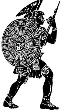 Aztec warrior with shield and spear, on a white background