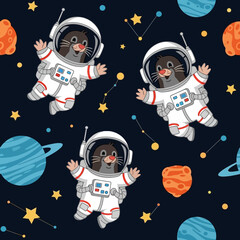 Cute cartoon moles in astronaut suits exploring space with planets and stars Fun kids design