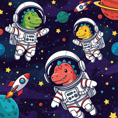 Smiling cartoon dinosaur astronauts explore vibrant outer space with planets and rockets Kids adventure