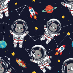 Adorable astronaut rhinos exploring space with rockets planets and stars Kids adventure pattern