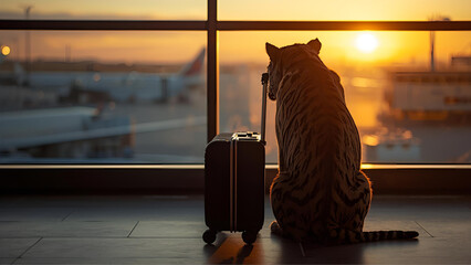 tiger at the airport waiting for his flight with a suitcase during sunset, ai generated 