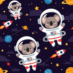 Cute cartoon koala astronauts explore outer space with rockets stars and planets Seamless pattern
